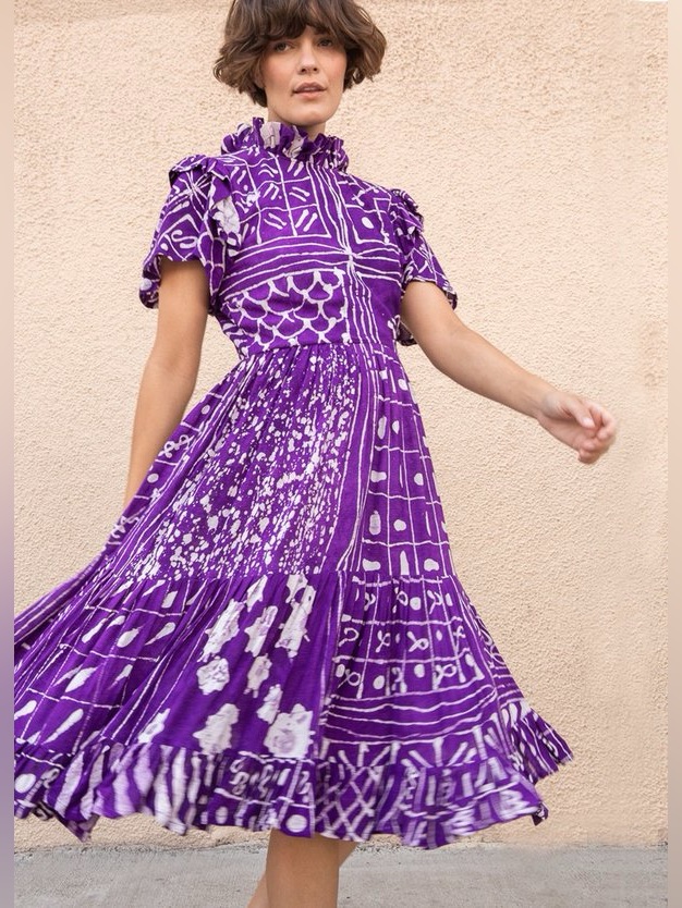 Busayo Nyc Febi Dress Purple Ruffle-Neck Midi Dress - Elegant Printed Medium